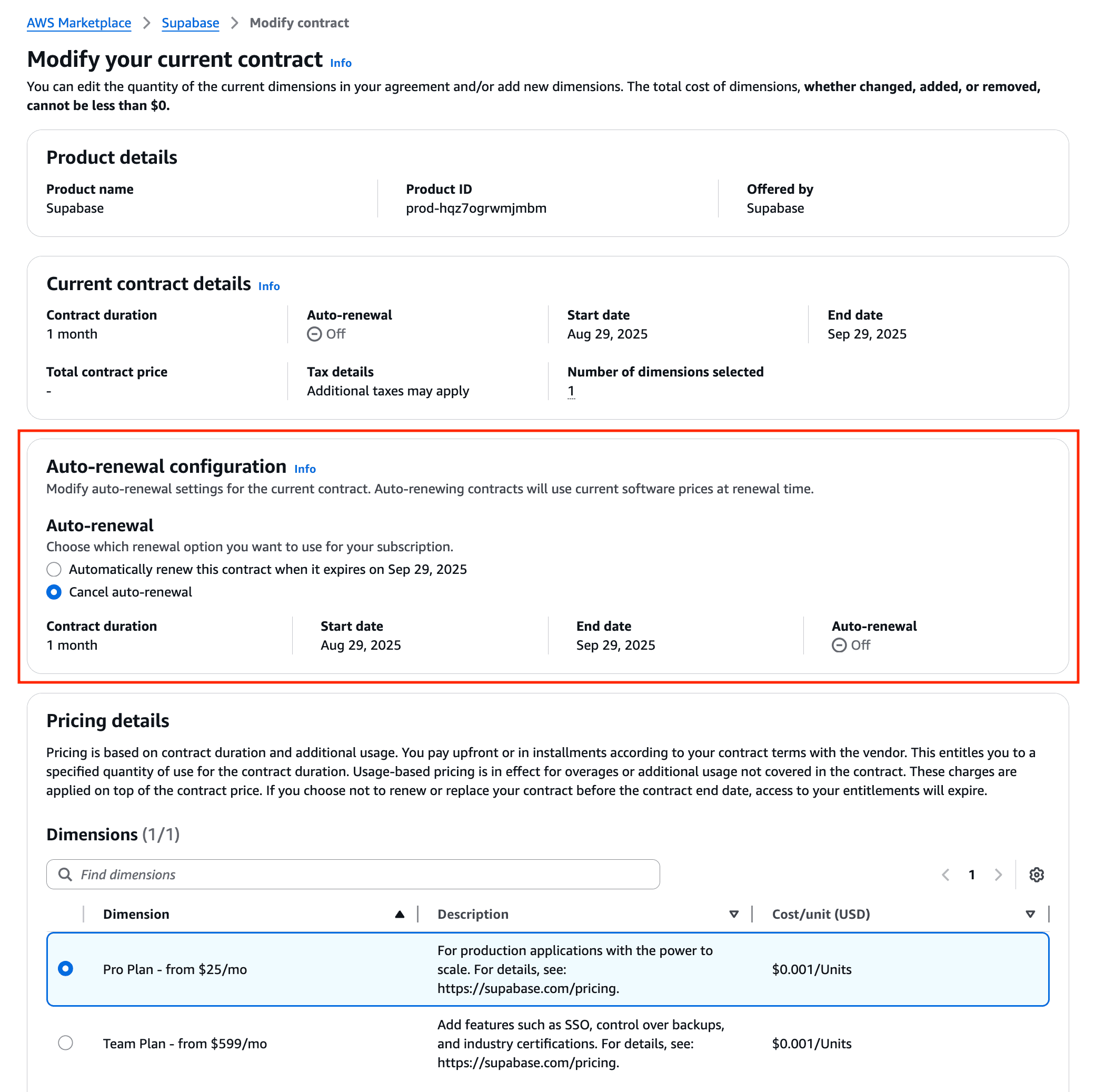 AWS Marketplace modify contract page